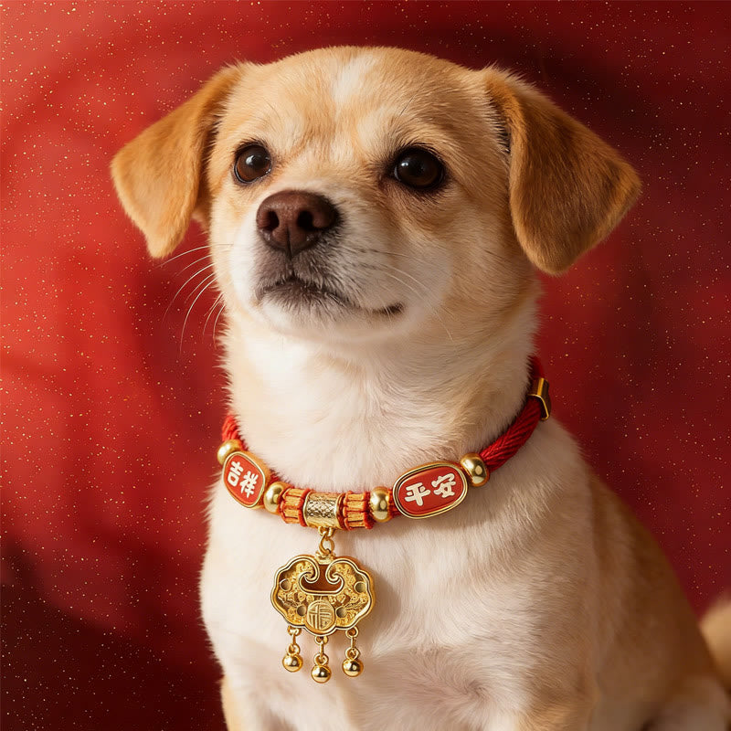Buddha Stones Collare regolabile per cani e gatti con perline rosse e scritta "Fu Character Luck". - Lucchetto d'oro pacifico - 25-50 cm - image 0