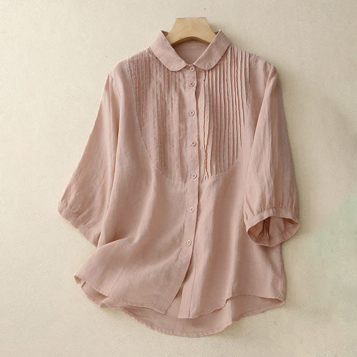 Buddha Stones Camicia da donna primaverile a maniche corte con colletto Peter Pan, pieghe e pinces. - Rosa chiaro - US8-10, UK/AU12-14, EU40-42 (2XL) - image 3