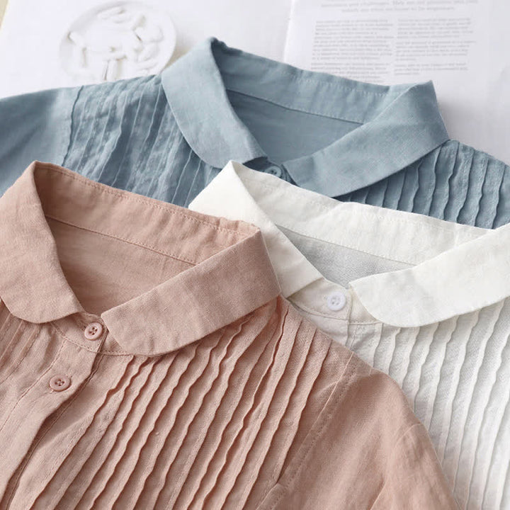 Buddha Stones Camicia da donna primaverile a maniche corte con colletto Peter Pan, pieghe e pinces. - image 14