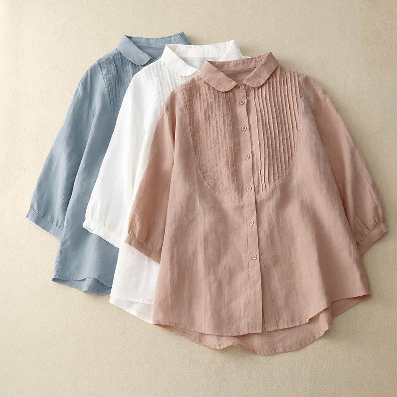 Buddha Stones Camicia da donna primaverile a maniche corte con colletto Peter Pan, pieghe e pinces. - image 13