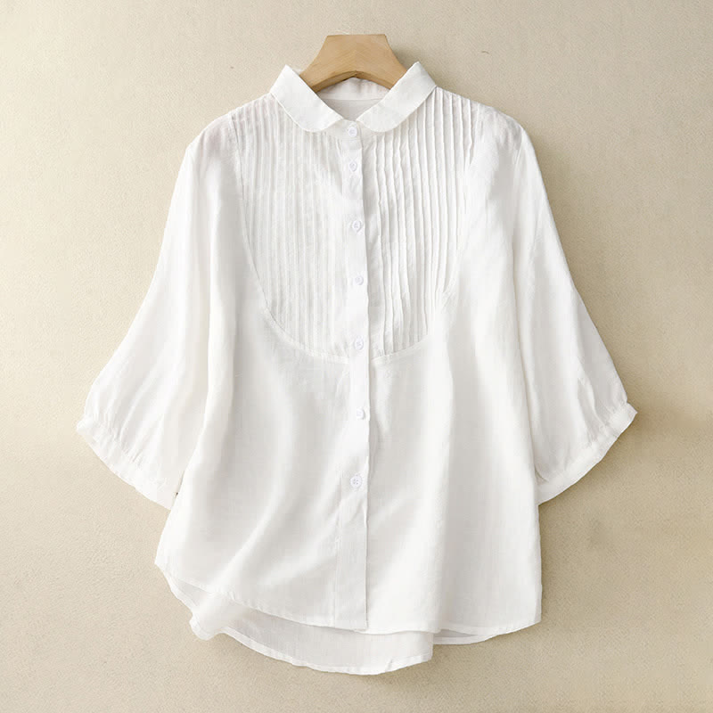 Buddha Stones Camicia da donna primaverile a maniche corte con colletto Peter Pan, pieghe e pinces. - Bianco - US8-10, UK/AU12-14, EU40-42 (2XL) - image 9