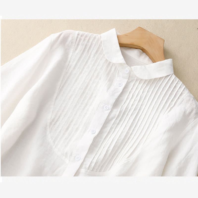 Buddha Stones Camicia da donna primaverile a maniche corte con colletto Peter Pan, pieghe e pinces. - image 10