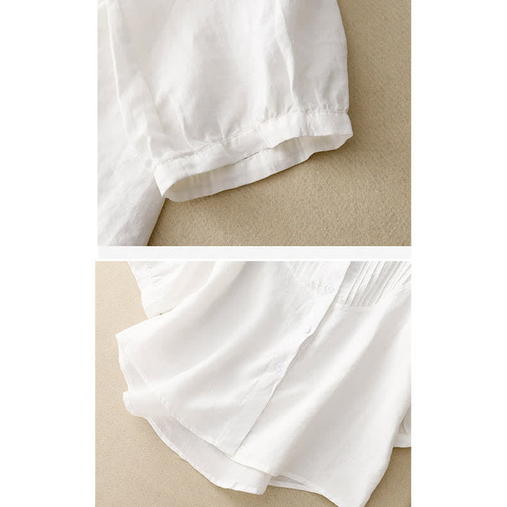 Buddha Stones Camicia da donna primaverile a maniche corte con colletto Peter Pan, pieghe e pinces. - image 12