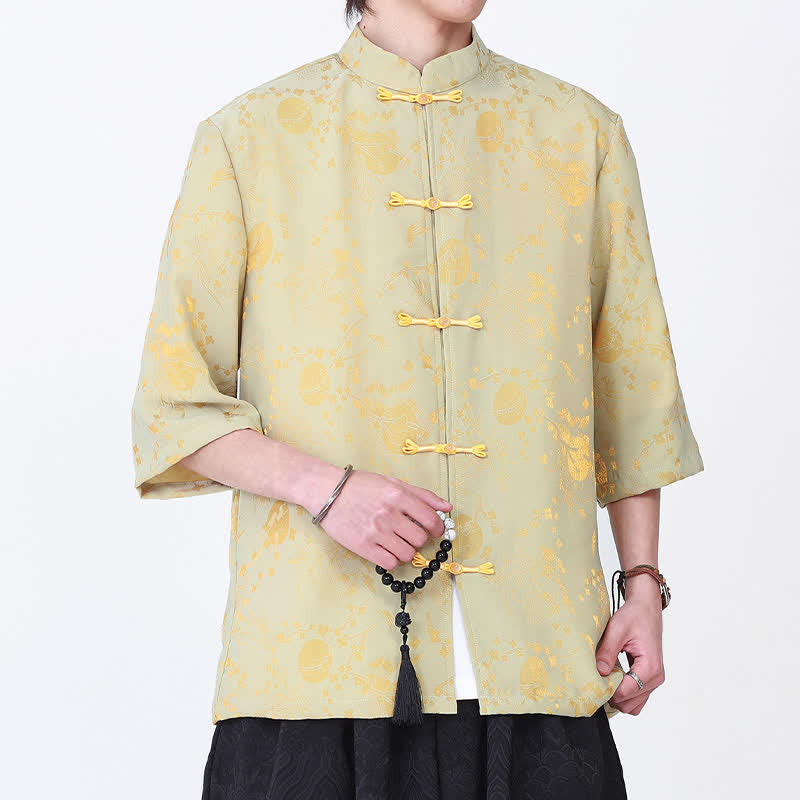 Buddha Stones Camicia da uomo estiva vintage elegante con colletto alla coreana, motivo a nuvole dorate e maniche a gomito. - Cachi - US/UK/AU46, EU56 (5XL) - image 0