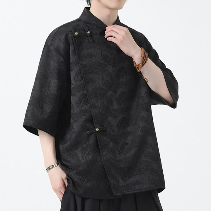 Buddha Stones Camicia da uomo estiva con colletto alla coreana e maniche a gomito in jacquard testurizzato. - image 2