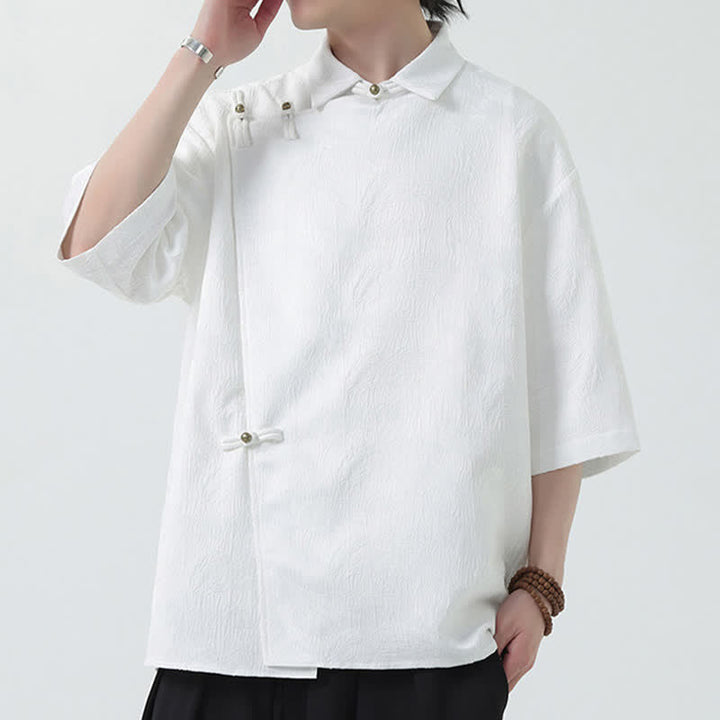 Buddha Stones Camicia da uomo estiva con colletto alla coreana e maniche a gomito in jacquard testurizzato. - image 13