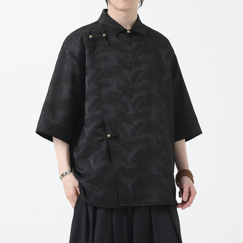 Buddha Stones Camicia da uomo estiva con colletto alla coreana e maniche a gomito in jacquard testurizzato. - image 1