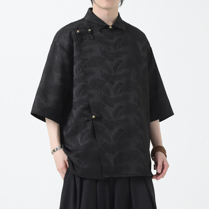 Buddha Stones Camicia da uomo estiva con colletto alla coreana e maniche a gomito in jacquard testurizzato. - image 1