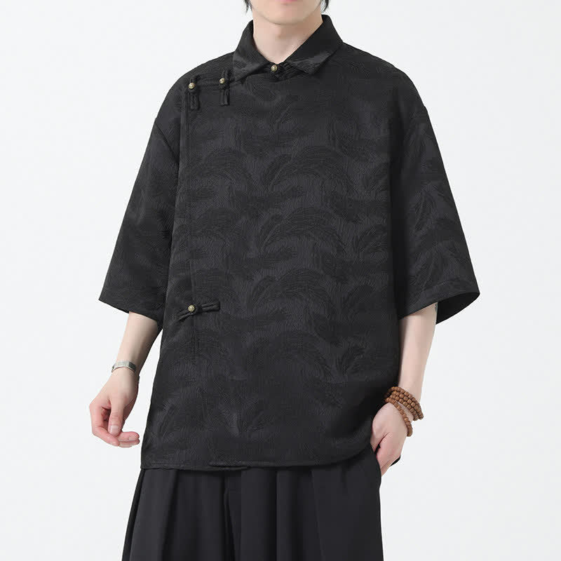 Buddha Stones Camicia da uomo estiva con colletto alla coreana e maniche a gomito in jacquard testurizzato. - image 0