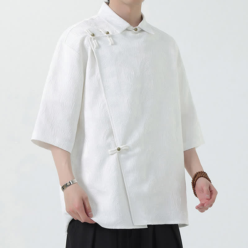 Buddha Stones Camicia da uomo estiva con colletto alla coreana e maniche a gomito in jacquard testurizzato. - image 10