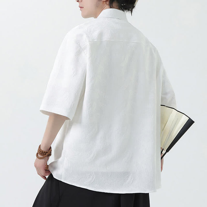 Buddha Stones Camicia da uomo estiva con colletto alla coreana e maniche a gomito in jacquard testurizzato. - image 11