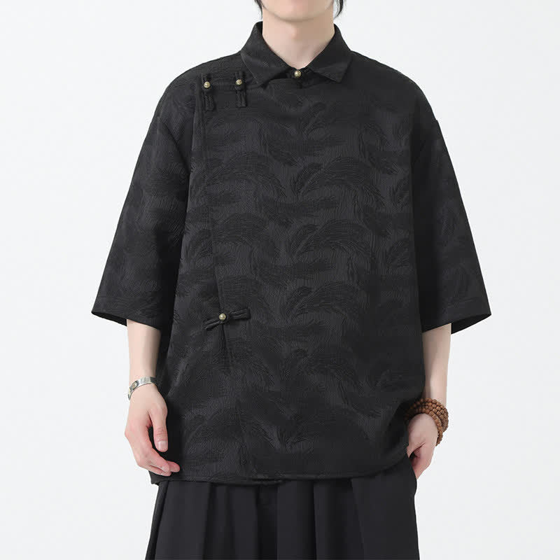 Buddha Stones Camicia da uomo estiva con colletto alla coreana e maniche a gomito in jacquard testurizzato. - image 4