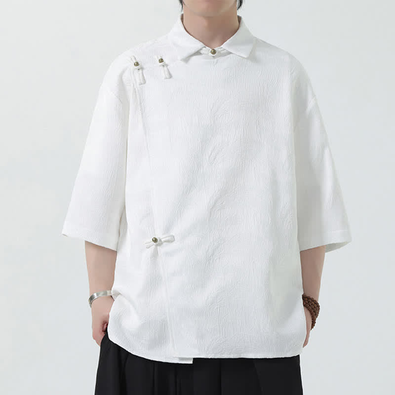 Buddha Stones Camicia da uomo estiva con colletto alla coreana e maniche a gomito in jacquard testurizzato. - image 12