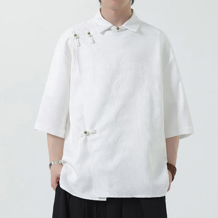 Buddha Stones Camicia da uomo estiva con colletto alla coreana e maniche a gomito in jacquard testurizzato. - image 12
