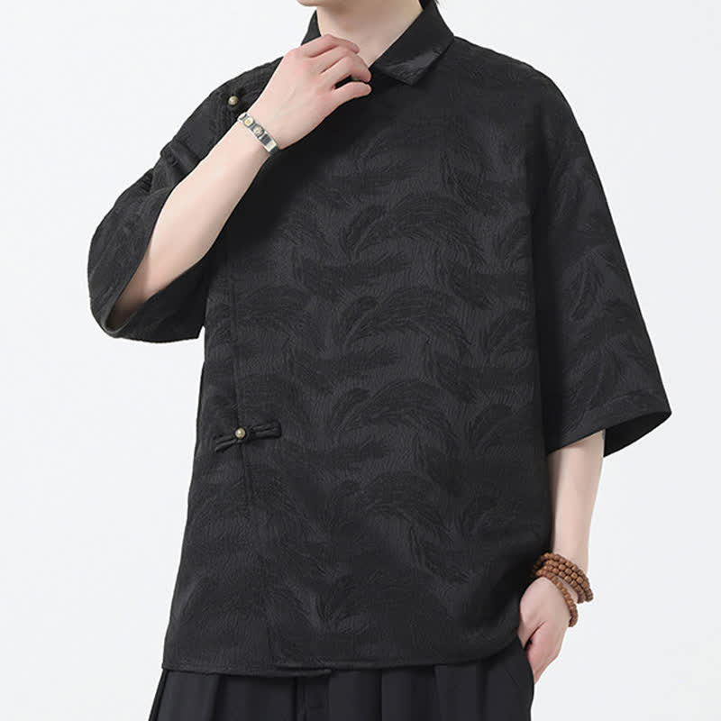Buddha Stones Camicia da uomo estiva con colletto alla coreana e maniche a gomito in jacquard testurizzato. - image 5