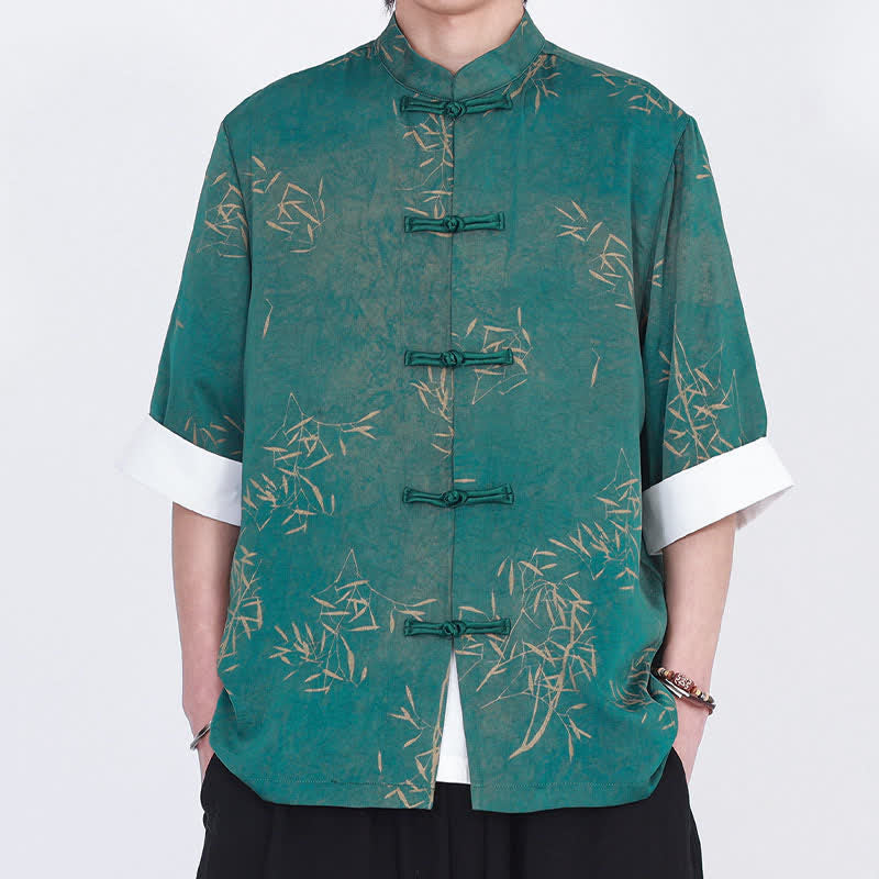 Buddha Stones Camicia da uomo a maniche a tre quarti con stampa di bambù, colletto alla coreana e bottoni a rana, ideale per l'estate. - image 8