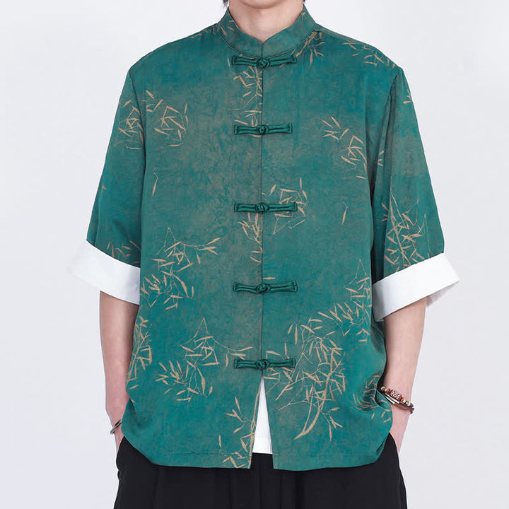 Buddha Stones Camicia da uomo a maniche a tre quarti con stampa di bambù, colletto alla coreana e bottoni a rana, ideale per l'estate. - image 8