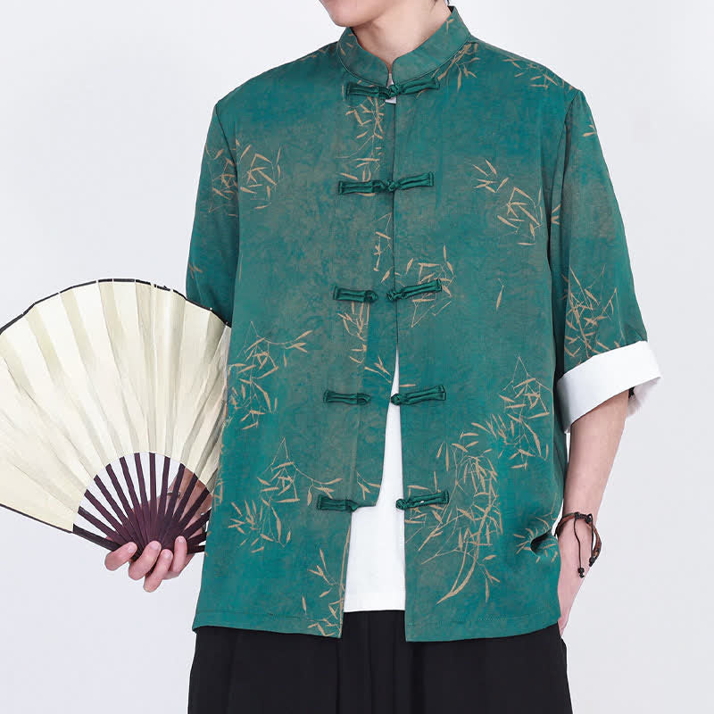 Buddha Stones Camicia da uomo a maniche a tre quarti con stampa di bambù, colletto alla coreana e bottoni a rana, ideale per l'estate. - Cadetto Blu - US/UK/AU46, EU56 (5XL) - image 7