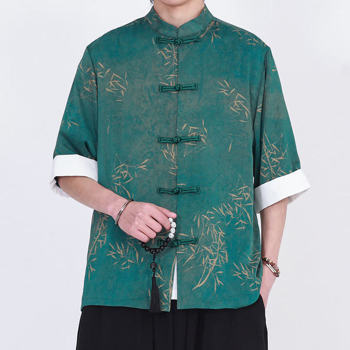 Buddha Stones Camicia da uomo a maniche a tre quarti con stampa di bambù, colletto alla coreana e bottoni a rana, ideale per l'estate. - image 10