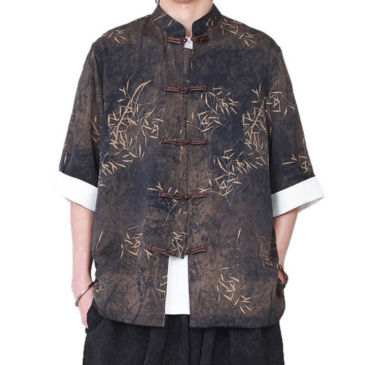 Buddha Stones Camicia da uomo a maniche a tre quarti con stampa di bambù, colletto alla coreana e bottoni a rana, ideale per l'estate. - image 5