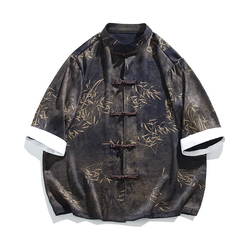 Buddha Stones Camicia da uomo a maniche a tre quarti con stampa di bambù, colletto alla coreana e bottoni a rana, ideale per l'estate. - image 6