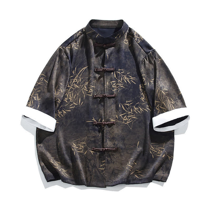 Buddha Stones Camicia da uomo a maniche a tre quarti con stampa di bambù, colletto alla coreana e bottoni a rana, ideale per l'estate. - image 6