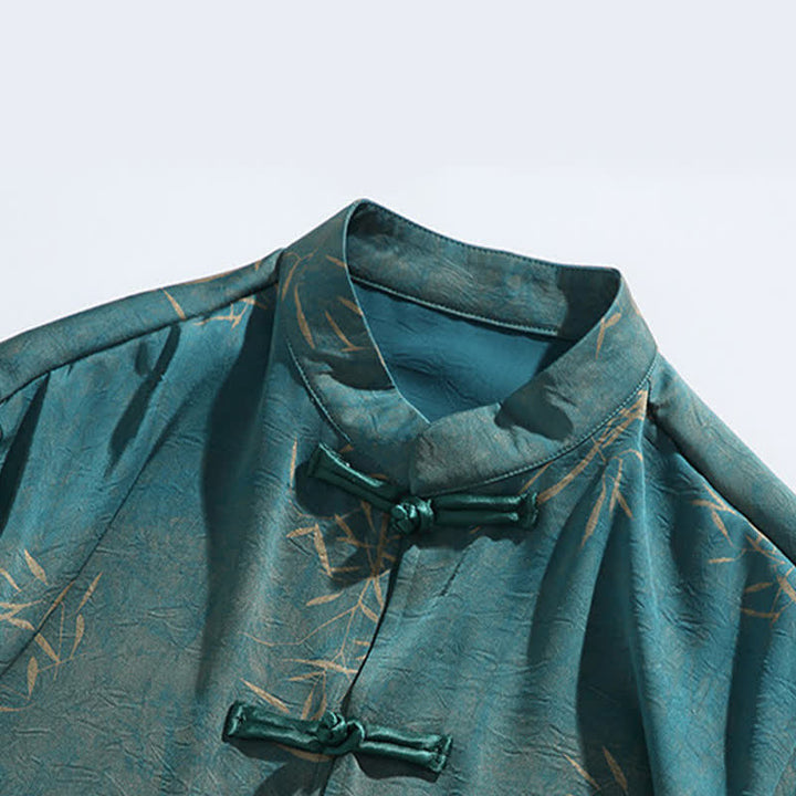 Buddha Stones Camicia da uomo a maniche a tre quarti con stampa di bambù, colletto alla coreana e bottoni a rana, ideale per l'estate. - image 12