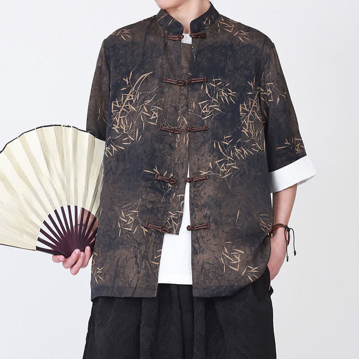 Buddha Stones Camicia da uomo a maniche a tre quarti con stampa di bambù, colletto alla coreana e bottoni a rana, ideale per l'estate. - Marrone sella - US/UK/AU46, EU56 (5XL) - image 0