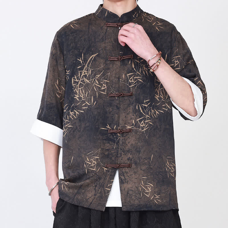 Buddha Stones Camicia da uomo a maniche a tre quarti con stampa di bambù, colletto alla coreana e bottoni a rana, ideale per l'estate. - image 2