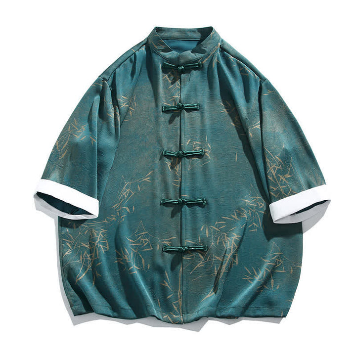 Buddha Stones Camicia da uomo a maniche a tre quarti con stampa di bambù, colletto alla coreana e bottoni a rana, ideale per l'estate. - image 11