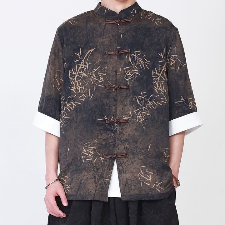 Buddha Stones Camicia da uomo a maniche a tre quarti con stampa di bambù, colletto alla coreana e bottoni a rana, ideale per l'estate. - image 1
