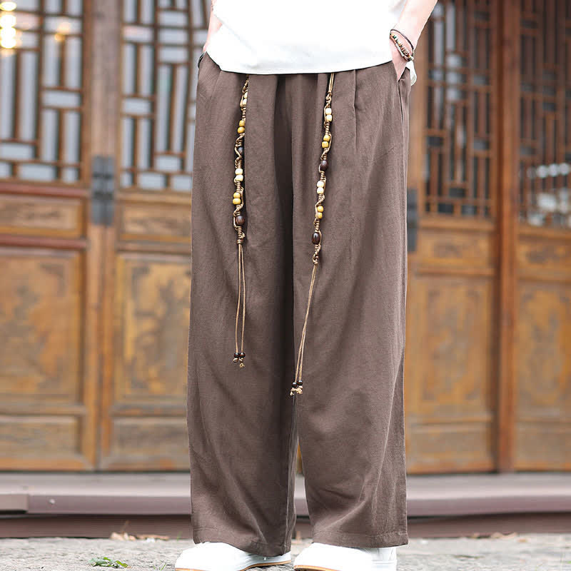 Buddha Stones Pantaloni lunghi da uomo in cotone con gamba dritta e perline, stile etnico estivo. - image 4