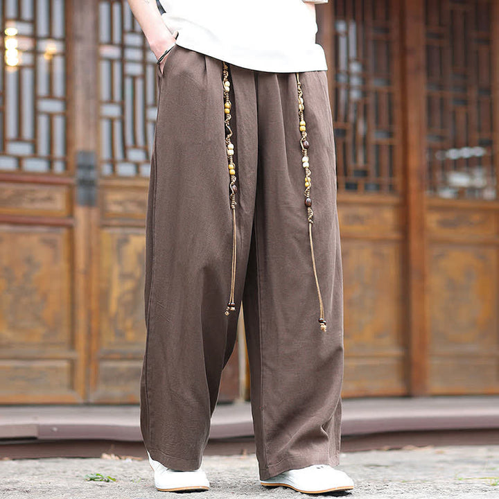 Buddha Stones Pantaloni lunghi da uomo in cotone con gamba dritta e perline, stile etnico estivo. - image 3