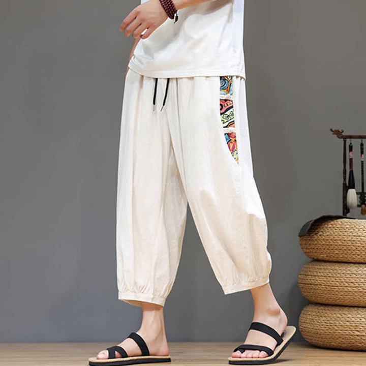 Buddha Stones Pantaloni capri da uomo estivi a vita alta con coulisse e strisce laterali in stile tribale, con tasche. - Beige - US/UK/AU46, EU56 (5XL) - image 0