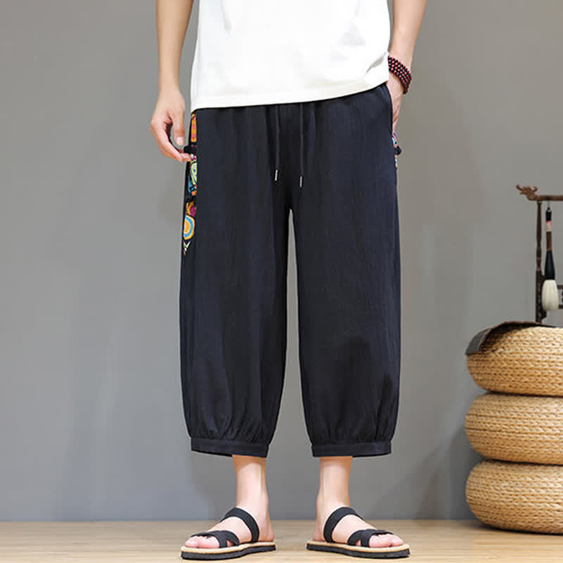 Buddha Stones Pantaloni capri da uomo estivi a vita alta con coulisse e strisce laterali in stile tribale, con tasche. - image 10