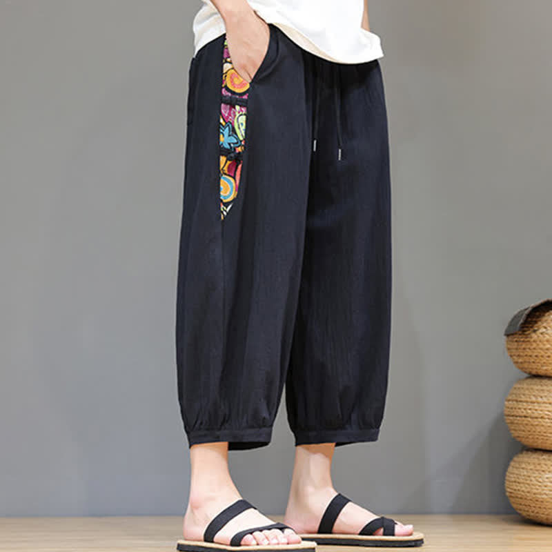 Buddha Stones Pantaloni capri da uomo estivi a vita alta con coulisse e strisce laterali in stile tribale, con tasche. - image 11