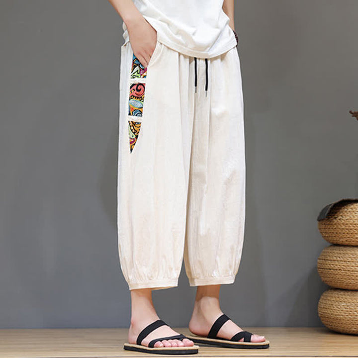 Buddha Stones Pantaloni capri da uomo estivi a vita alta con coulisse e strisce laterali in stile tribale, con tasche. - image 2