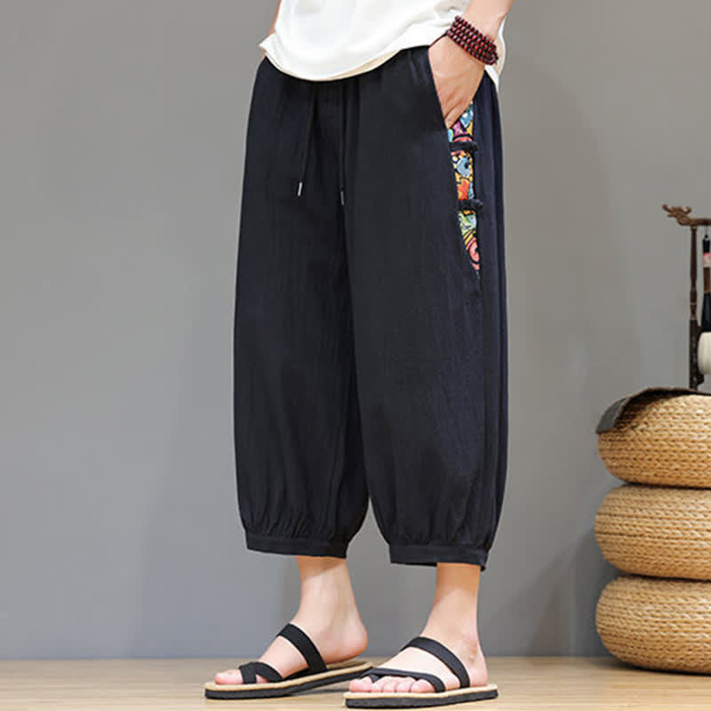 Buddha Stones Pantaloni capri da uomo estivi a vita alta con coulisse e strisce laterali in stile tribale, con tasche. - image 13
