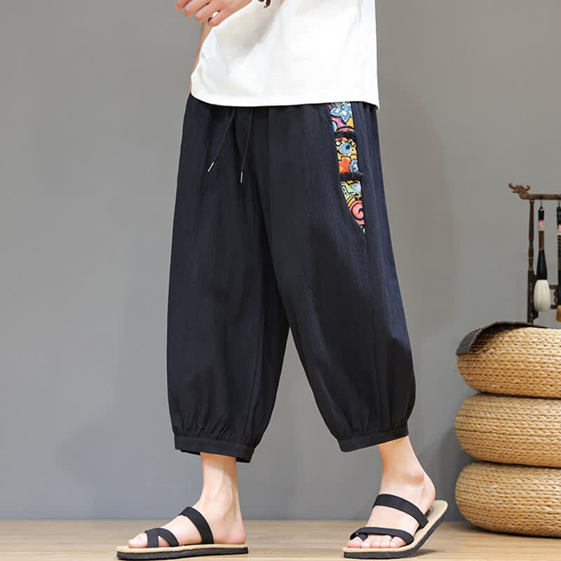 Buddha Stones Pantaloni capri da uomo estivi a vita alta con coulisse e strisce laterali in stile tribale, con tasche. - Nero - US/UK/AU46, EU56 (5XL) - image 9