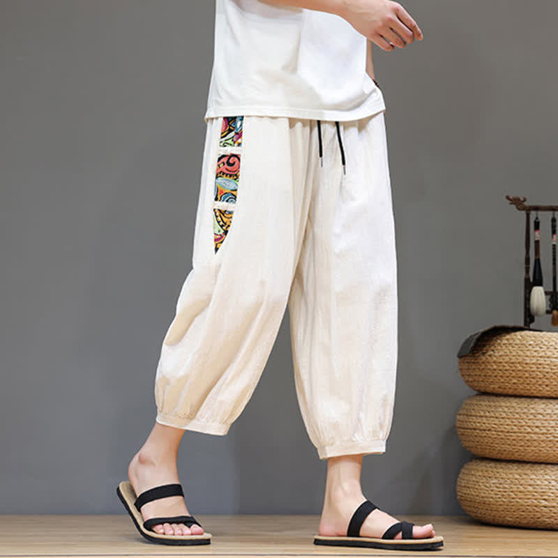 Buddha Stones Pantaloni capri da uomo estivi a vita alta con coulisse e strisce laterali in stile tribale, con tasche. - image 3
