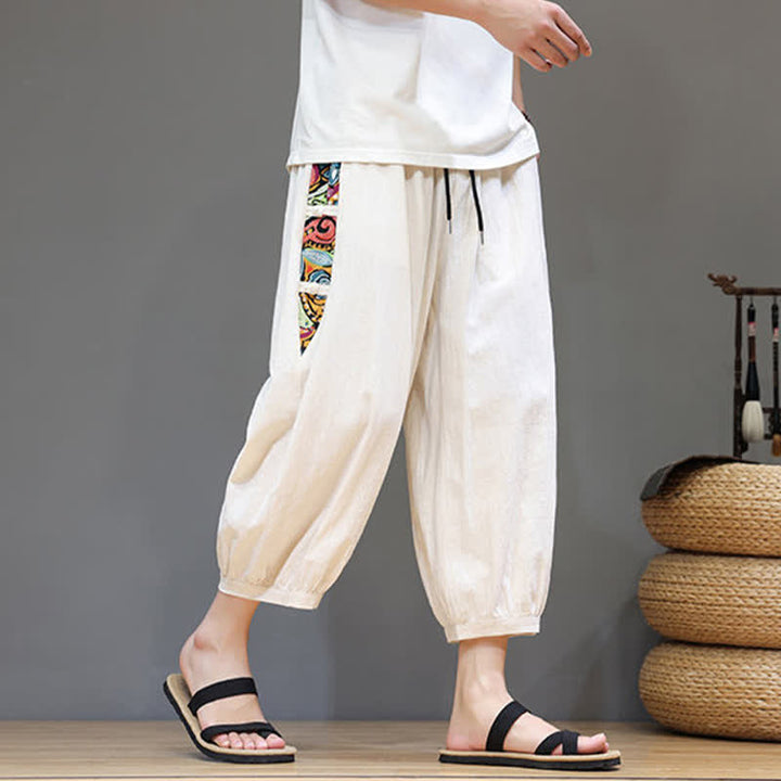 Buddha Stones Pantaloni capri da uomo estivi a vita alta con coulisse e strisce laterali in stile tribale, con tasche. - image 3