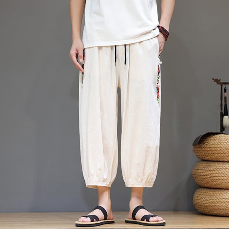 Buddha Stones Pantaloni capri da uomo estivi a vita alta con coulisse e strisce laterali in stile tribale, con tasche. - image 1