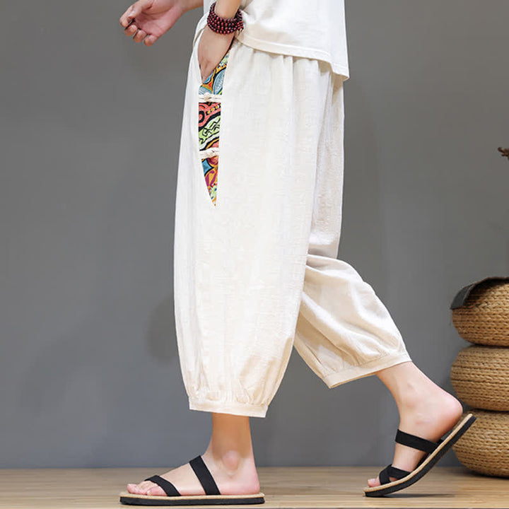 Buddha Stones Pantaloni capri da uomo estivi a vita alta con coulisse e strisce laterali in stile tribale, con tasche. - image 5