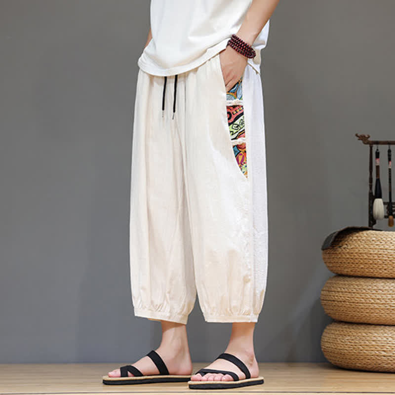 Buddha Stones Pantaloni capri da uomo estivi a vita alta con coulisse e strisce laterali in stile tribale, con tasche. - image 4