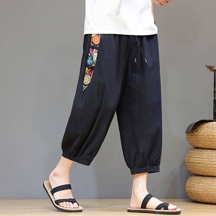 Buddha Stones Pantaloni capri da uomo estivi a vita alta con coulisse e strisce laterali in stile tribale, con tasche. - image 12