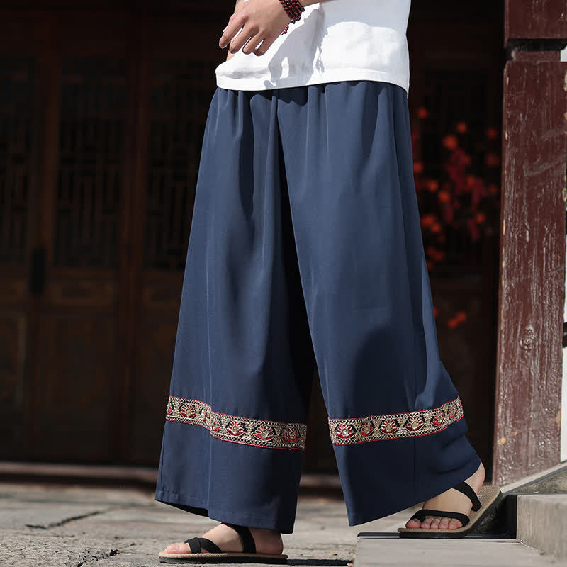 Buddha Stones Pantaloni estivi da uomo in cotone con orlo ricamato, elastico in vita, gamba larga e lunghezza cropped, con tasche. - image 0