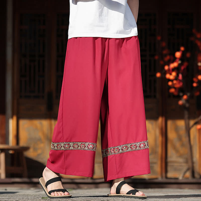 Buddha Stones Pantaloni estivi da uomo in cotone con orlo ricamato, elastico in vita, gamba larga e lunghezza cropped, con tasche. - image 11