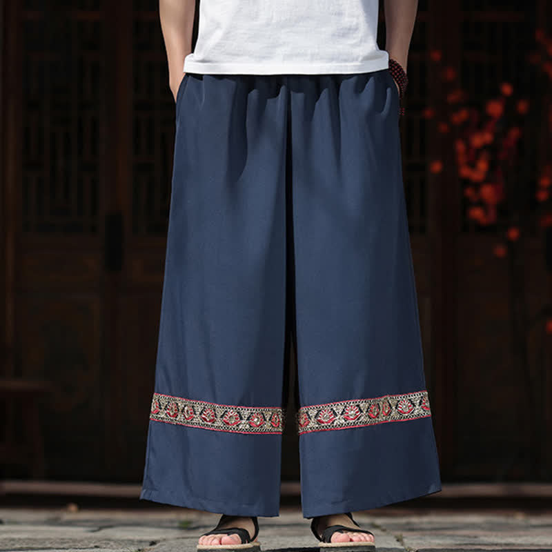 Buddha Stones Pantaloni estivi da uomo in cotone con orlo ricamato, elastico in vita, gamba larga e lunghezza cropped, con tasche. - image 1
