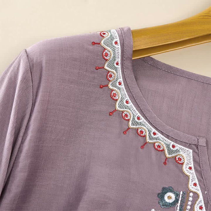 Buddha Stones T-shirt da donna primaverile in cotone e lino con ricami e maniche a tre quarti, stile boho. - image 10