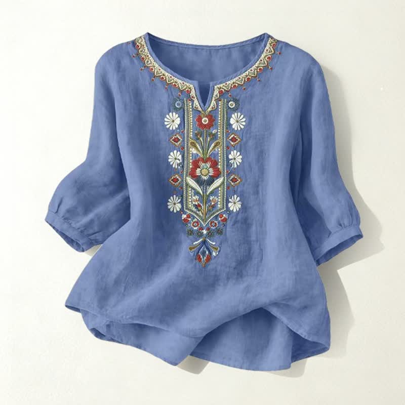 Buddha Stones T-shirt da donna primaverile in cotone e lino con ricami e maniche a tre quarti, stile boho. - Blu Denim - US16, UK/AU20, EU48 (3XL) - image 26